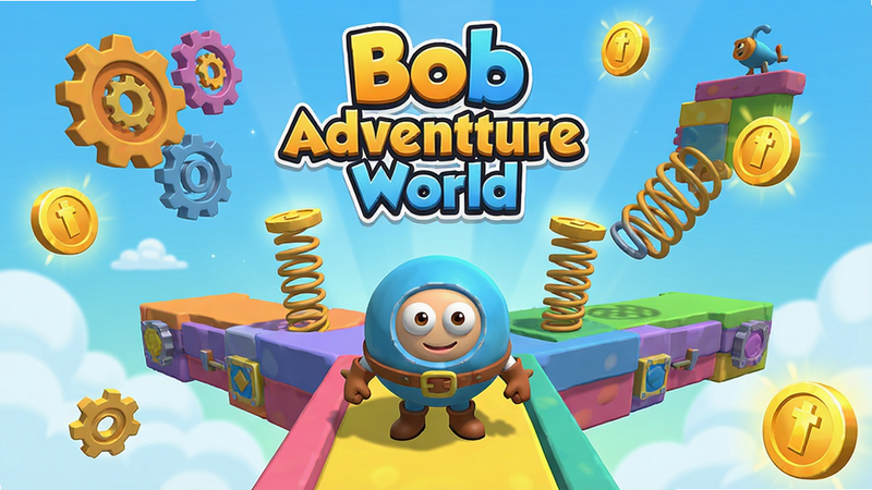 Bob冒险世界整体预览图,主角Bob圆球形态站在五彩斑斓的立体关卡起点,背景是悬浮的齿轮、弹簧和发光金币,明亮卡通风格,干净简洁,画面中显示游戏名称