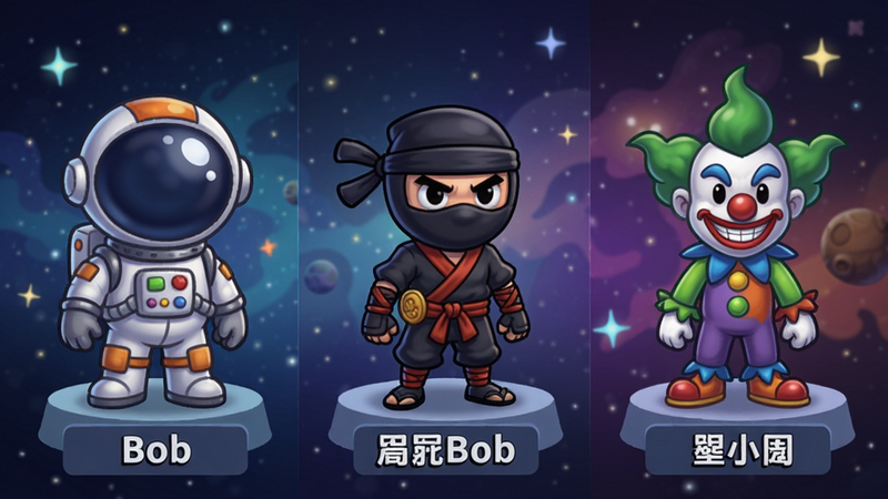 Bob冒险世界角色皮肤展示墙,从左到右依次陈列宇航员Bob、忍者Bob、小丑Bob,角色下方有对应名称标签,背景为渐变星空,排版整齐,卡通风格,画质细腻