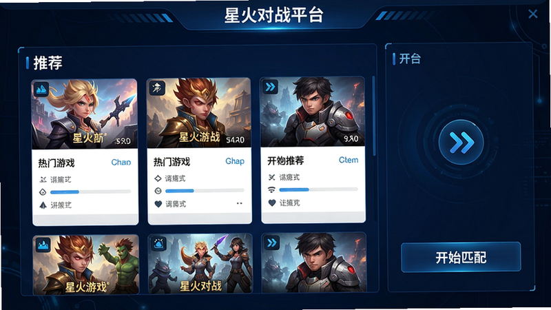 星火对战平台主界面截图,展示热门游戏推荐列表和'开始匹配'按钮,布局清晰,采用深蓝色科技风格,图标精致,画质高清,干净无多余元素