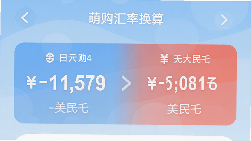 萌购APP汇率换算界面,显示日元金额和对应人民币金额,界面简洁,数字清晰,背景淡蓝,风格清爽,画质干净。