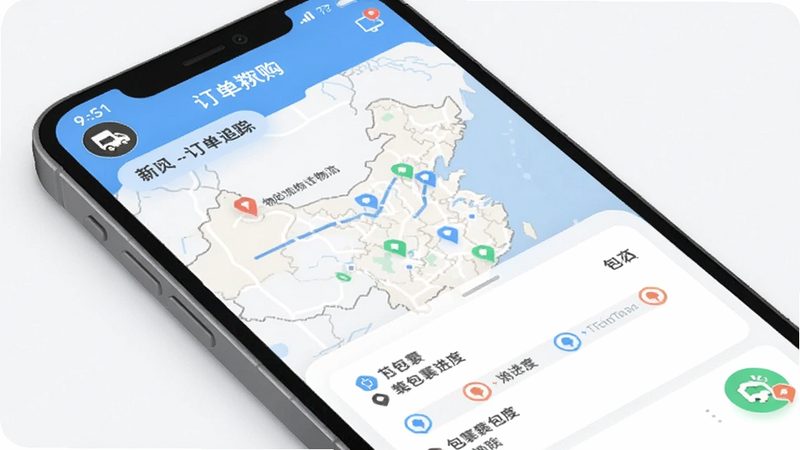 萌购APP订单追踪页面,显示物流地图和包裹进度节点,界面信息明确,风格现代,画质清晰,无多余元素。