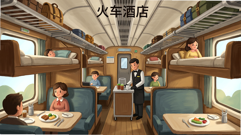 主体:火车酒店游戏中的车厢内部场景,显示旅客在卧铺和餐厅区域活动。布局:画面从车厢一端透视到另一端,左右两侧是上下铺位,中间过道有服务员推车。排版:透视角度展示空间深度,顶部有“火车酒店”字样。风格:清新手绘,细节丰富如行李架上的背包、桌上的餐盘。画质:细腻光影,干净整洁。