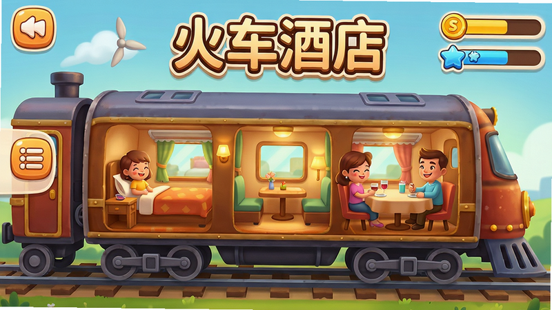 主体:火车酒店游戏主界面,展示一列行驶中的火车,车厢内部是酒店客房和餐厅。布局:画面中央是火车侧面,车厢窗户透出暖光,左侧有游戏菜单按钮,右侧显示金币和经验条。排版:整体居中,文字“火车酒店”在顶部以艺术字体呈现。风格:卡通清新,色彩明亮温暖,细节丰富如乘客在车厢内微笑。画质:高清渲染,干净无多余元素。