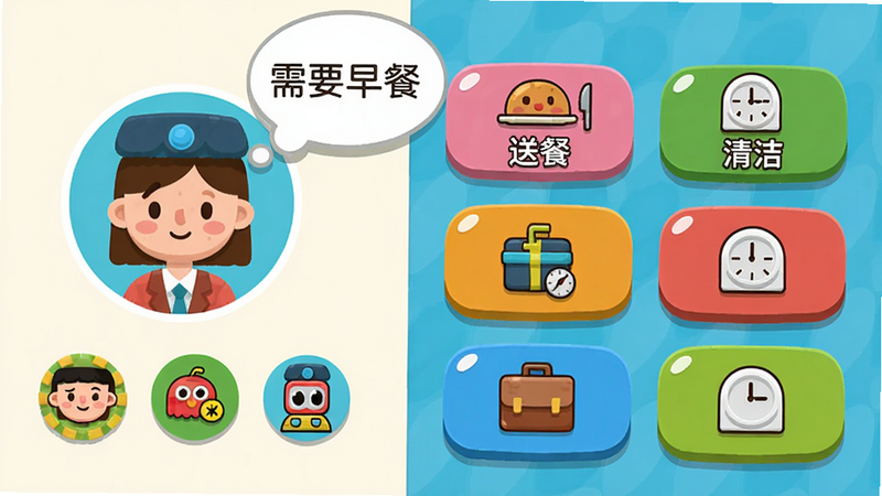 主体:火车酒店游戏中的服务界面,显示一位旅客头顶气泡表示需求(如“需要早餐”)。布局:左侧是旅客头像和需求图标,右侧是可选服务按钮(送餐、清洁等)。排版:整洁清晰,按钮带圆角,色彩鲜艳。风格:卡通扁平,细节包括表情和道具。画质:高清无杂色。
