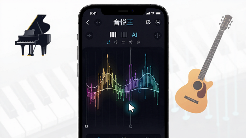 音悦王AI动态谱界面,主体为手机屏幕显示彩色动态乐谱,光标随着旋律移动,背景有钢琴和吉他图标,布局居中,排版清晰,风格现代科技感,细节丰富,画质高清,干净整洁