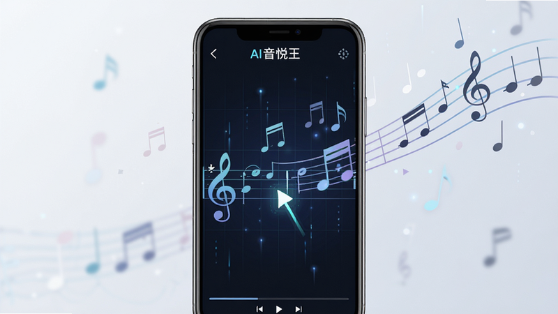 音悦王AI智能动态谱功能展示,手机屏幕显示光标在五线谱上移动,背景有音符飘动,布局简洁,风格科技,画质高清