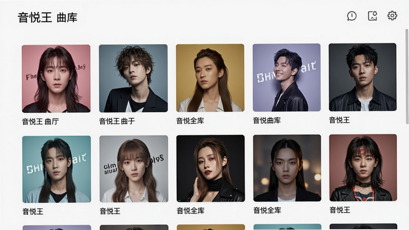 音悦王曲库列表界面,展示多种风格歌曲封面,布局网格,风格清新,画质高清,无多余元素