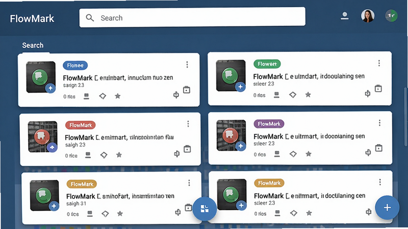 主体:FlowMark软件主界面截图,布局:顶部搜索栏,中间卡片式笔记列表,底部浮动按钮,排版:左右对称,风格:Material Design 3,细节:卡片带有彩色标签标记,画质:高清,文字:“FlowMark”