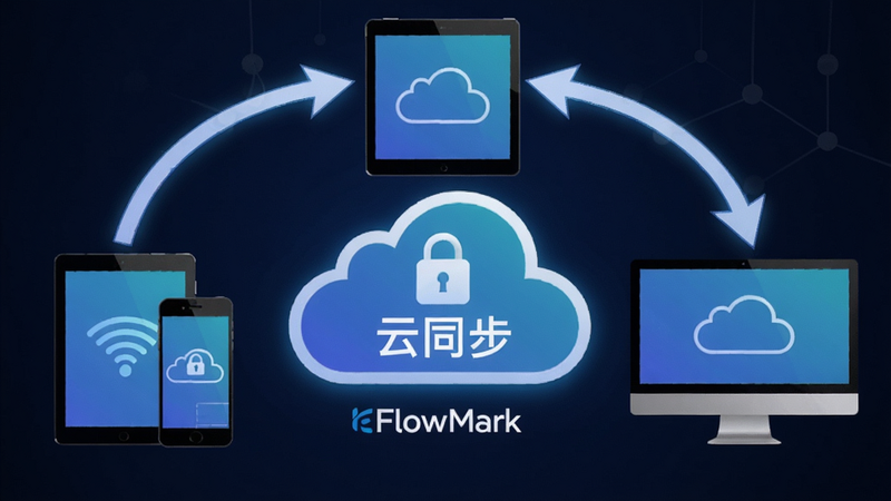 主体:FlowMark云同步示意图,布局:手机、平板、电脑三个设备环绕云朵图标,排版:设备间用弧形箭头连接,风格:科技感矢量图,细节:云朵上有锁图标表示加密,画质:清晰,文字:“云同步” “FlowMark”