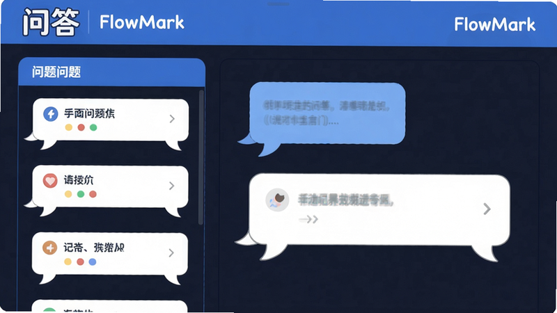 主体:FlowMark问答专区界面,布局:左侧问题列表,右侧答案区域,排版:清晰对话气泡,风格:卡通扁平,细节:气泡带小尾巴,画质:干净,文字:“问答” “FlowMark”