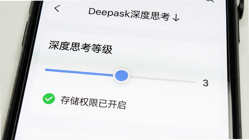 手机屏幕显示Deepask深度思考的设置页面,其中“深度思考等级”滑块被调到3,下方有“存储权限已开启”绿色提示。整体界面干净,背景为纯白,文字清晰,画质高清。