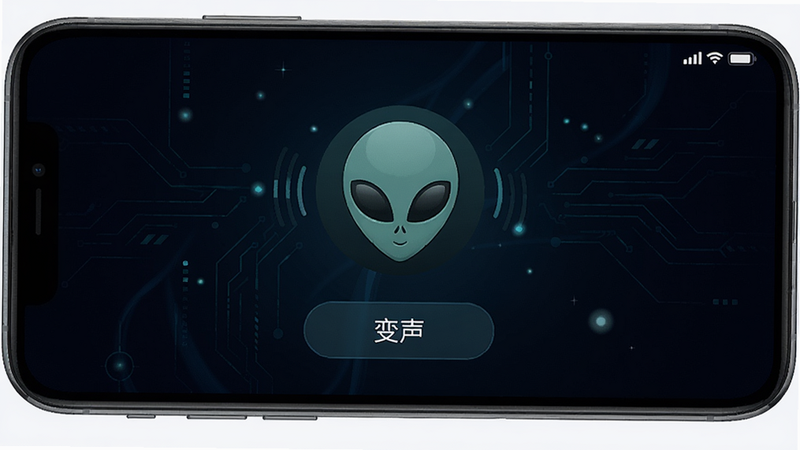 一张智能手机屏幕截图,显示外星人语音盒的主界面,背景为深色科幻风格,中央有外星人头像图标,下方有'变声'按钮,界面简洁干净,高清画质,无多余元素。