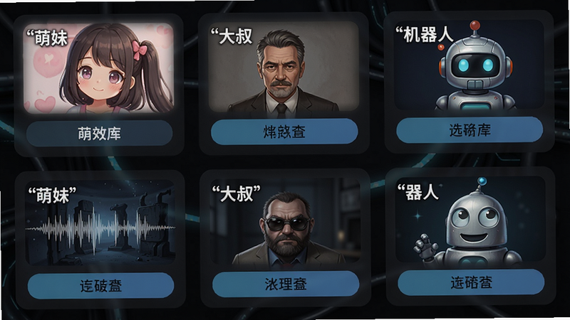 一张外星人语音盒音效库列表的截图,展示多个音效卡片,如'萌妹'、'大叔'、'机器人'等,每个卡片有音效名称和预览按钮,背景暗色,排版整洁,高清画质。