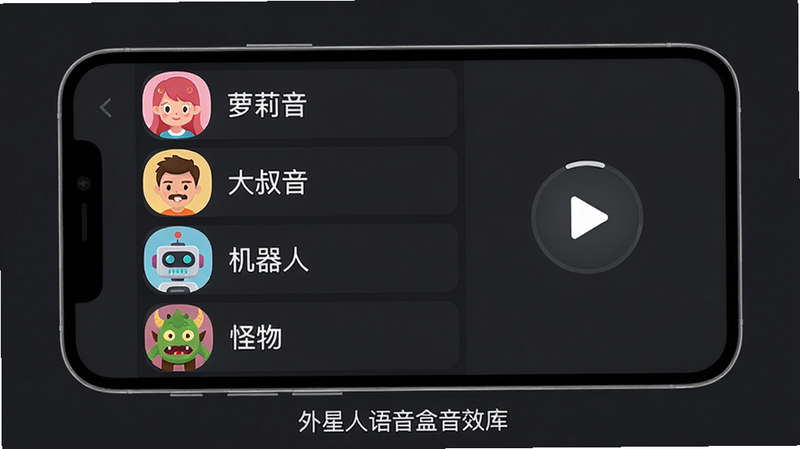 画面展示一个手机界面,左侧列出变声列表,包括“萝莉音”、“大叔音”、“机器人”、“怪物”等,每个图标配有不同颜色的小人头像。右侧有一个试听按钮正在播放状态。手机下方有一行小字“外星人语音盒音效库”。背景为深灰色,整体干净有序,画质清晰,无多余元素。