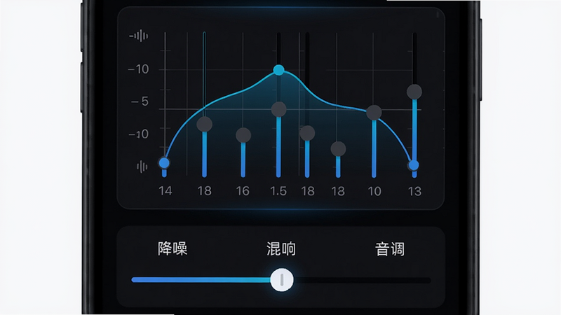 画面展示手机软件设置界面,有一个均衡器图形界面,显示多条频率曲线正在调整。界面下方有“降噪”、“混响”、“音调”三个滑块。整体风格为深色模式UI,科技感蓝色高光,画质细腻,干净整洁。