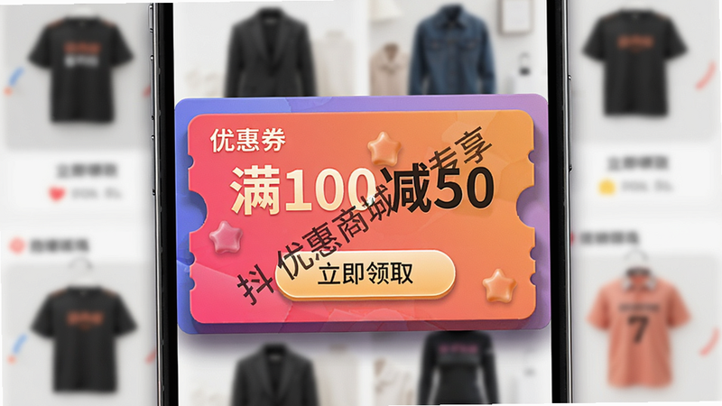 ���壺�ֻ���Ļ��չʾһ�Ŵ���������Ż�ȯ��ȡҳ�棬���֣�����Ϊһ�������Ż�ȯ��Ƭ�������д��֡���100��50�����ײ��С�������ȡ����ť������Ϊģ������Ʒͼ����񣺿�Ƭ��Ӱ���壬ɫ�����ޣ�ϸ�ڣ�ȯ���С����Ż��̳�ר����ˮӡ�����ʣ�ϸ�壬�޶���Ԫ�ء�