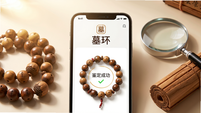 主体:墓环APP界面展示,手机屏幕上显示手串识别结果,周围环绕木患子手串实物。布局:中心突出手机屏幕,左侧摆放几颗木患子佛珠,右侧有放大镜和檀木书卷。排版:简洁清晰,手机屏幕中显示“墓环”LOGO和“鉴定成功”字样。风格:写实摄影风,暖色调,光晕柔和。细节:手串纹理清晰,珠子反光自然,画面干净无杂乱元素。画质:超高清,8K分辨率,锐利。