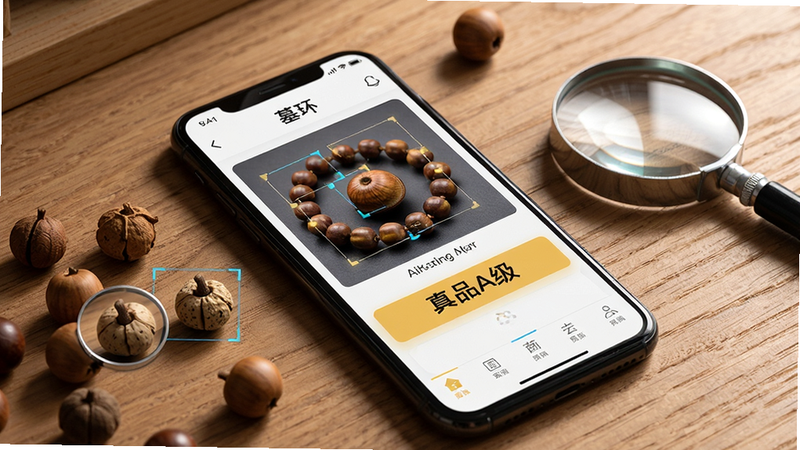 主体:手机屏幕展示AI鉴定过程,屏幕上显示木患子手串照片和识别结果标签。布局:手机平放在木桌上,旁边有木患子散珠和放大镜。排版:屏幕中显示“墓环”APP界面,结果区域高亮显示“真品A级”字样。风格:科技感结合自然光,背景有木纹纹理。细节:珠子表面细节放大显示,识别框标注关键特征点。画质:高清,明暗对比适中,干净无多余阴影。
