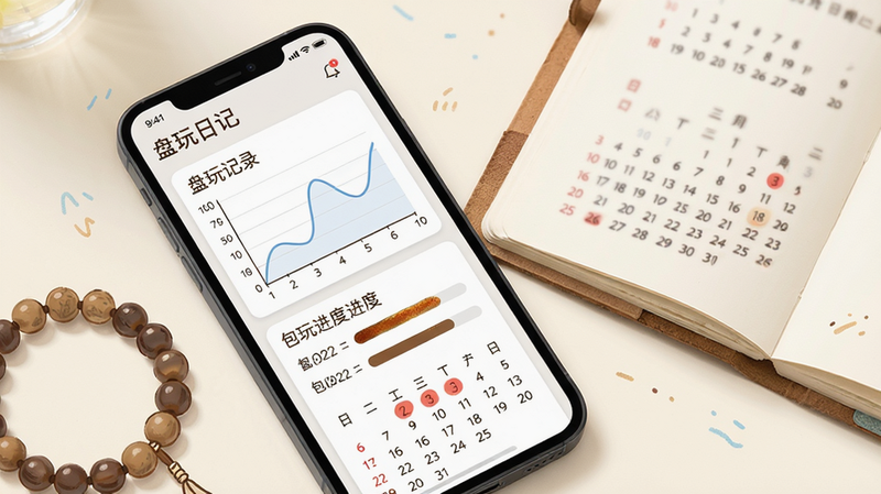 主体:手机屏幕显示盘玩日记界面,有曲线图和日历记录。布局:手机斜放,旁边有串好的手串和一本打开的笔记本。排版:屏幕中“盘玩记录”卡片式排列,日期和包浆进度条清晰。风格:简约扁平化,浅色背景,手绘插画风点缀。细节:曲线图坐标清晰,日历上有红色标记提醒。画质:干净明亮,无多余文字干扰。