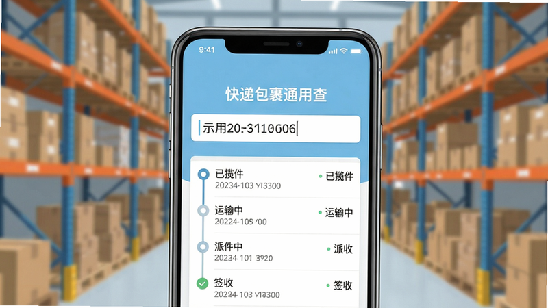 画面主体为一部智能手机,屏幕显示“快递包裹通用查”App主界面,界面中央有一个输入框,输入框中显示示例快递单号,下方清晰列出多条物流信息节点(如已揽件、运输中、派件中、签收),背景为模糊的快递仓库货架,整体排版简洁干净,风格扁平化,浅蓝与白色主色调,画质清晰,无多余元素。