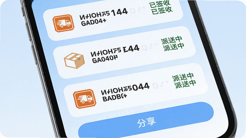 手机屏幕上展示一个包裹列表,每个条目包含快递公司Logo、单号后四位、最新状态文字(如“已签收”“派送中”),底部有一个“分享”按钮,界面采用圆角卡片设计,浅蓝渐变背景,文字清晰,画质高清,无多余元素。