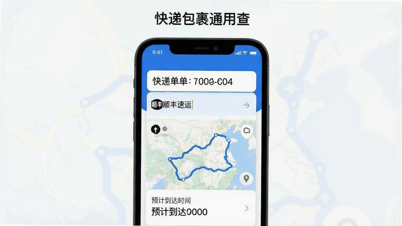 手机屏幕上半部分显示输入框内粘贴了快递单号,自动弹出识别结果“顺丰速运”,下方展示该包裹的实时地图轨迹和预计到达时间,背景为简约白色,界面采用卡片式布局,颜色蓝白色系,画质干净,无多余元素,文字“快递包裹通用查”品牌字位于顶部。