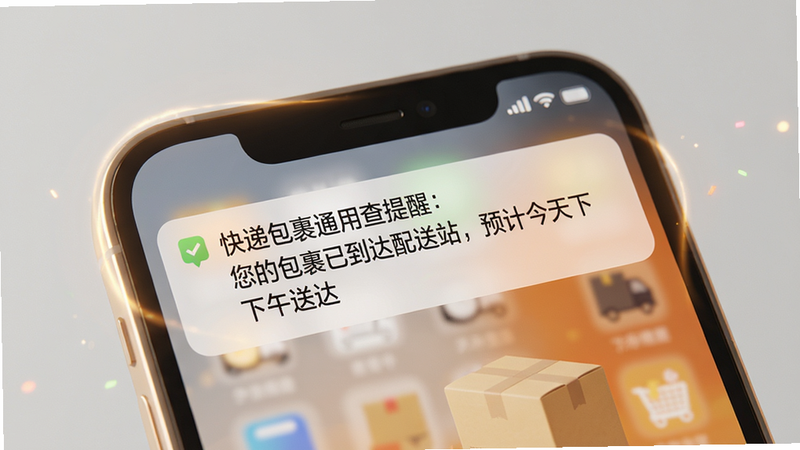 手机屏幕显示一条通知栏消息,内容为“快递包裹通用查提醒:您的包裹已到达配送站,预计今天下午送达”,手机周围有微光效,背景柔和的浅灰色,整体风格温暖,画质细腻,无多余元素。