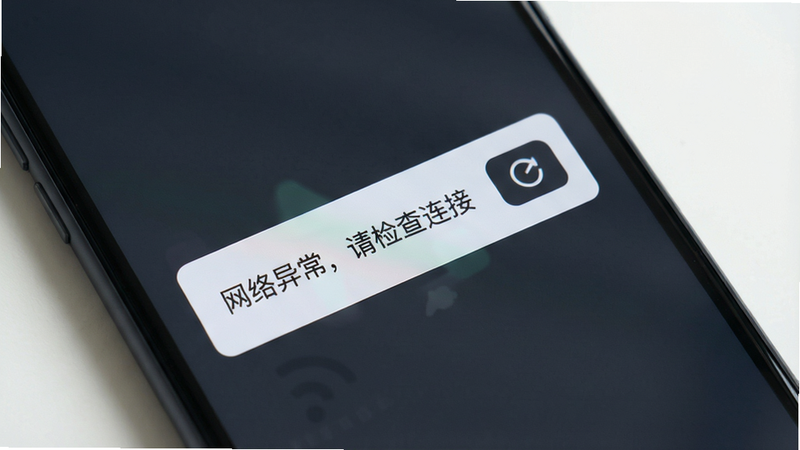 手机屏幕显示一个错误提示框,内容为“网络异常,请检查连接”,旁边有刷新按钮,背景为深灰色,界面简洁,文字清晰,画质干净,无多余元素。