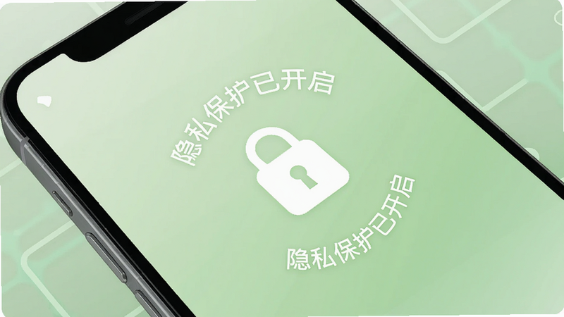 手机屏幕显示一个锁形图标,周围环绕“隐私保护已开启”文字,背景是淡绿色渐变,界面简洁时尚,画质干净,无多余元素。