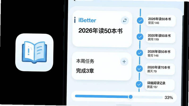 主体:iBetter应用内的“目标拆解”界面展示,左侧是一本书的图标,右侧是一个竖直的时间轴,上面有多个圆形节点代表每周任务。布局:界面采用上下两栏,上方是总目标“2026年读50本书”,下方是本周任务“完成3章”,底部有一个进度条显示33%。排版:时间轴节点上标注了具体书名和页数,字体清晰。风格:卡片式设计,圆角矩形,浅蓝与白色搭配。细节:每个节点可点击展开,展示详细阅读记录。画质:高清,无多余元素。