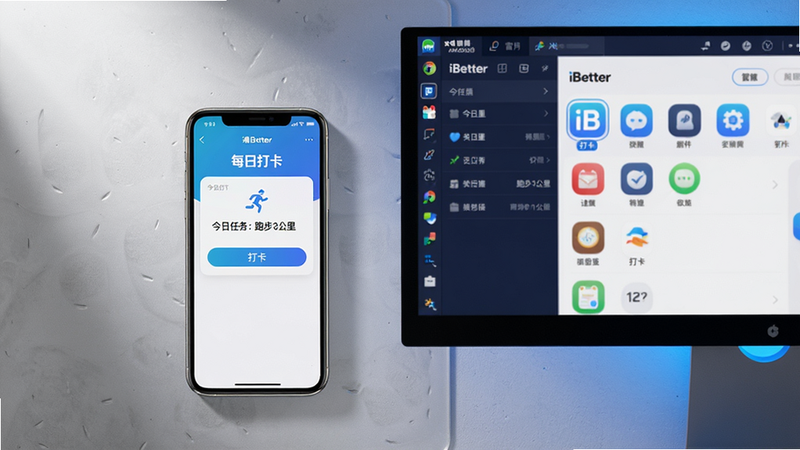 主体:一部手机和一台电脑显示器并排摆放,手机屏幕上显示iBetter的“每日打卡”界面,电脑屏幕上显示雷电安卓模拟器中的iBetter主界面。布局:手机在左,电脑在右,背景为浅灰磨砂质感。排版:手机屏幕上的界面显示“今日任务:跑步3公里”和打卡按钮,模拟器界面显示应用列表图标。风格:写实摄影风格,光线从左上角打下来,产生柔和阴影。细节:手机边缘有反光,电脑屏幕有轻微的蓝光溢出。画质:超清,无多余元素。