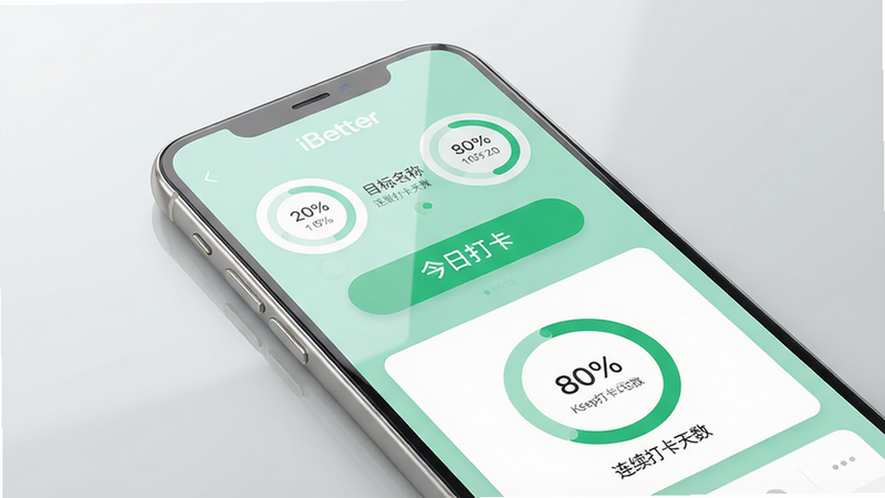主体:一部智能手机屏幕显示iBetter主界面,界面中央是一个绿色的“今日打卡”按钮,周围分布着几个小巧的圆形进度图表。布局:手机位于画面中央偏下,背景为浅灰色渐变,手机屏幕反光柔和。排版:界面元素清晰,文字使用无衬线字体,比如“目标名称”和“连续打卡天数”。风格:扁平化设计,色彩以薄荷绿和白色为主,干净明亮。细节:手机边缘有金属光泽,屏幕内显示一个完成度为80%的环形进度条,旁边有“Keep Going”小字。画质:4K分辨率,光影自然,无多余元素。