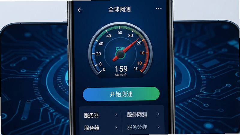 一张智能手机屏幕截图,布局居中,显示“全球网测”应用主界面,上方有圆形速度仪表盘显示实时速率,下方有“开始测速”按钮和服务器列表,背景为深蓝色科技风格,画面干净高清,无多余元素