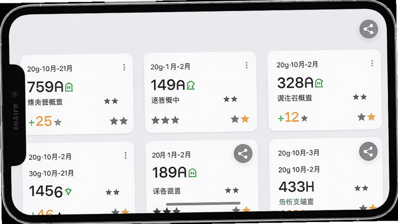一张智能手机截图,显示全球网测的历史记录列表页面,布局为卡片式排列,每个卡片包含日期、速度概览和评分,右上角有分享按钮,背景浅灰色,风格简约,高清画质,无多余元素