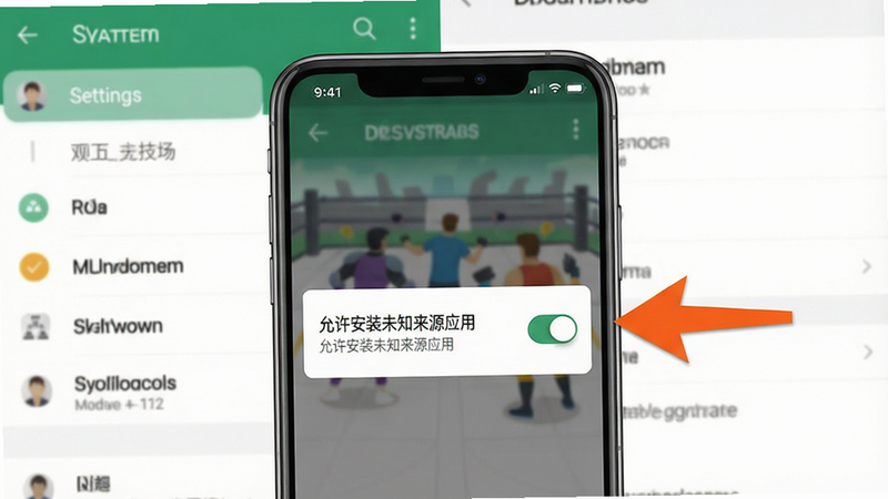 双人竞技场安装教程示意图,手机屏幕显示“允许安装未知来源应用”的开关界面,旁边有箭头指示,背景为系统设置界面,干净简洁,画质清晰无多余元素