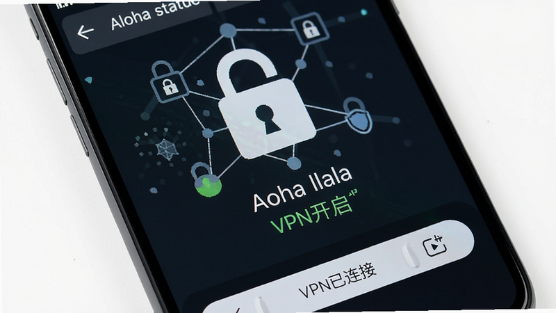 һ���ֻ���Ļ��ʾAloha�����VPN����״̬�Ľ��棬���ⰴ����ʾ��VPN�����ӡ�������Ϊ���������ͼ�꣬��������������廭�ʣ��ɾ��޶���Ԫ��