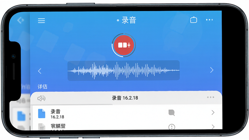 主体为一部智能手机屏幕显示'录音'应用主界面,布局居中,采用扁平化设计风格,背景为渐变蓝色,界面包含红色录音按钮、波形图、文件列表,画面干净清晰,高画质,文字显示“录音 16.2.18”