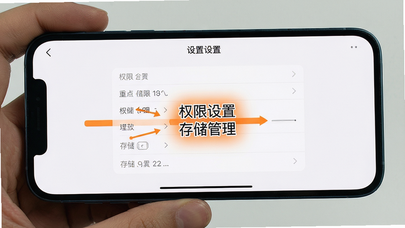 手机横屏展示录音应用设置界面,重点标注权限管理和存储路径,布局清晰,风格简洁,高画质,文字显示“权限设置 存储管理”
