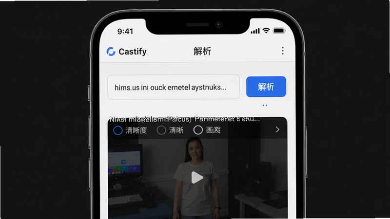 主体:Castify解析界面截图,布局:手机屏幕左侧为输入框,右侧为“解析”按钮,下方显示视频标题、清晰度选项。风格:现代简洁,细节:输入框内粘贴链接后按钮变为蓝色,画质:高清,干净无多余元素。