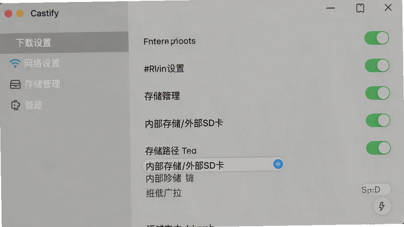主体:Castify设置界面截图,布局:左侧菜单栏显示“下载设置”“网络设置”“存储管理”等条目,右侧为具体开关。风格:系统设置风格,细节:存储路径选项显示“内部存储/外部SD卡”,画质:高清,干净无多余元素。