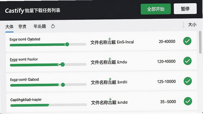 主体:Castify批量下载任务列表,布局:列表形式,每个任务有进度条、文件名、大小,顶部有“全部开始”“暂停”按钮。风格:清晰列表式,细节:已完成任务显示绿色对勾,画质:高清,无多余元素。