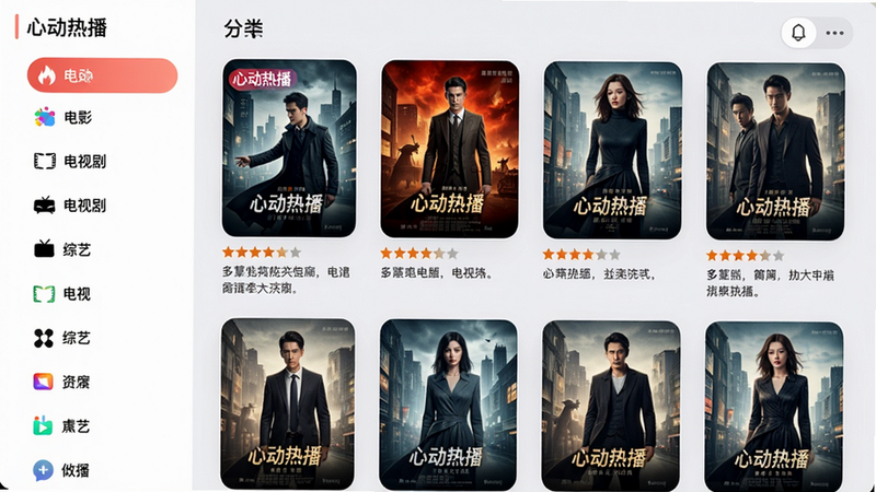 主体:影视资源分类界面截图,布局:网格状排列电影海报,左侧显示分类列表如电影、电视剧、综艺等,风格:卡片式设计,海报下方有评分和简介,细节:海报边缘圆角,文字