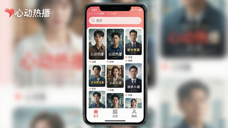 主体:手机屏幕展示心动热播APP全貌,布局:居中构图,顶部有搜索框,中间为影视海报瀑布流,底部导航栏包含首页、分类、我的等图标,风格:现代扁平化UI,色彩明亮且柔和,细节:海报剧照清晰,左上角有