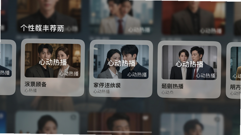 主体:个性化推荐页面截图,布局:居中展示横向滑动卡片,每个卡片封面图和标题,背景为模糊的推荐图,风格:iOS风格、毛玻璃效果,细节:卡片上有