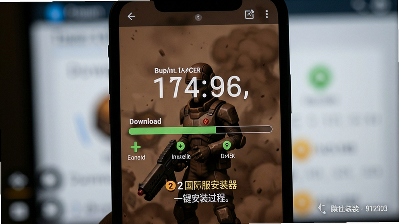 棕色尘埃2国际服安装器一键安装过程截图,手机屏幕显示下载进度条和安装提示,背景模糊,突出下载速度数字,风格写实,画质清晰,无多余元素