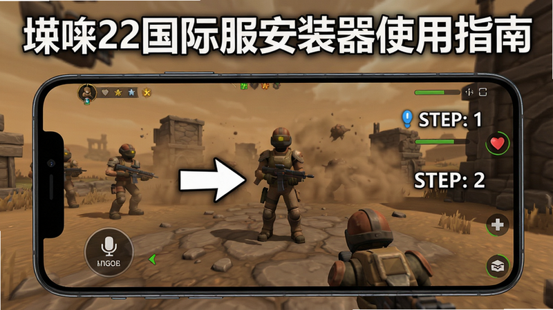 棕色尘埃2国际服安装器使用指南截图,显示手机操作界面,有步骤指示箭头,背景为游戏画面,布局清晰,风格教程风,画质高清,无多余元素