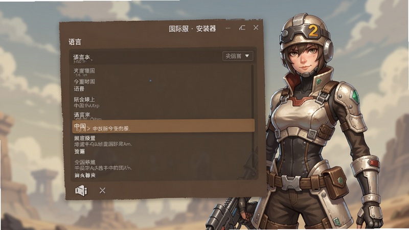 棕色尘埃2国际服安装器语言设置界面,显示语言列表,有中文选项,背景为游戏角色立绘,排版整齐,风格清新,画质细腻,无多余元素