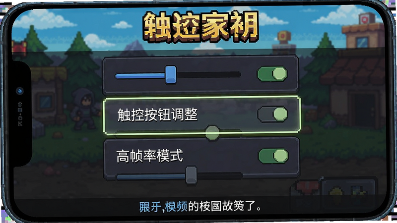 主体:手机屏幕显示游戏设置界面,高亮显示“触控按钮调整”和“高帧率模式”选项。布局:竖屏截图,上方为游戏标题,中间为设置列表,下方有提示文字。风格像素与UI混合,细节包括滑块和开关,画质清晰,无多余元素。