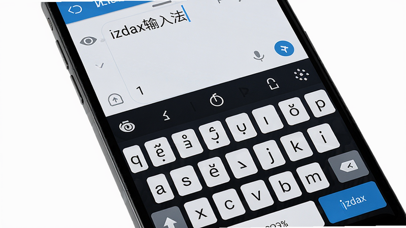主体: 手机屏幕展示izdax输入法键盘,布局: 键盘占据下半屏,上半屏显示聊天输入框,排版: 上下布局,风格: 写实,细节: 维语字母键清晰,背景浅色,画质: 高清,干净,无多余元素,图片中文字: