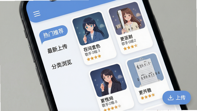 主体:手机屏幕显示简谱软件的资源库分类页面,左侧为“热门推荐”“最新上传”“分类浏览”等标签,右侧列出乐谱封面缩略图。布局:网格卡片式排列,每张卡片包含歌名、歌手和难度星级。排版:文字清晰,卡片边框圆润。风格:扁平化设计,色彩柔和,以蓝色和白色为主。细节:左上角有菜单按钮,右下角有“上传”浮窗按钮。画质:干净,无多余元素。